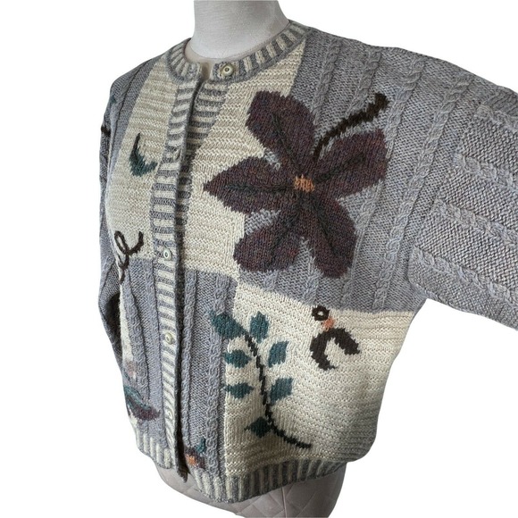Vintage 80's Eddie Bauer All Week Long‎ 100% Wool Floral Cable Knit Cardigan XL - Picture 3 of 11